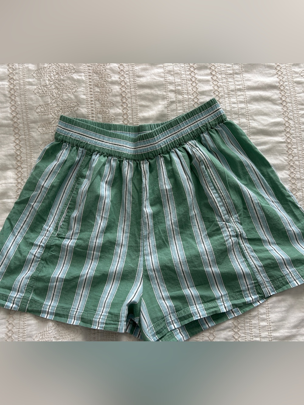 Free People Green and White Striped High-Waist Shorts